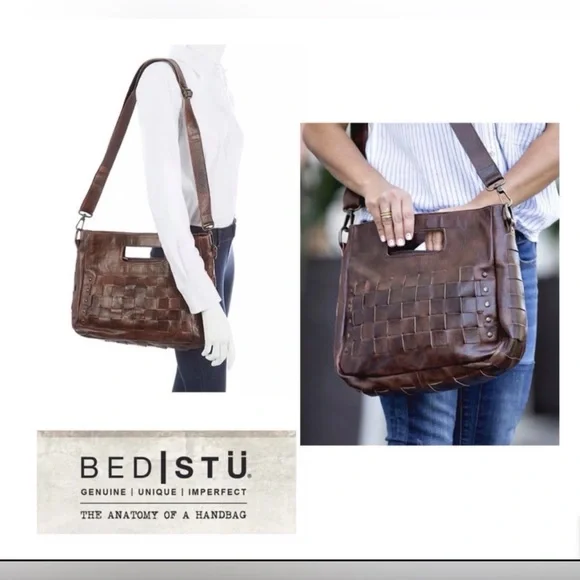 Bed Stu Orchid Woven Leather Handbag Crossbody Bag Teak Brown Retail $280 - Picture 12 of 12